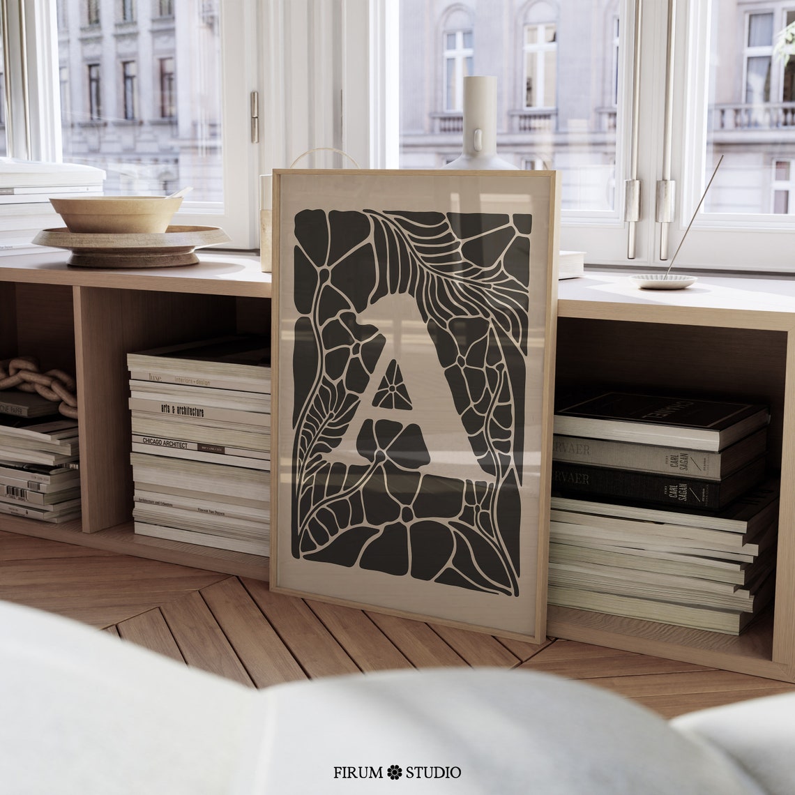 Letter A Monogram Black Beige Botanical Art Print Modern Gift Decor