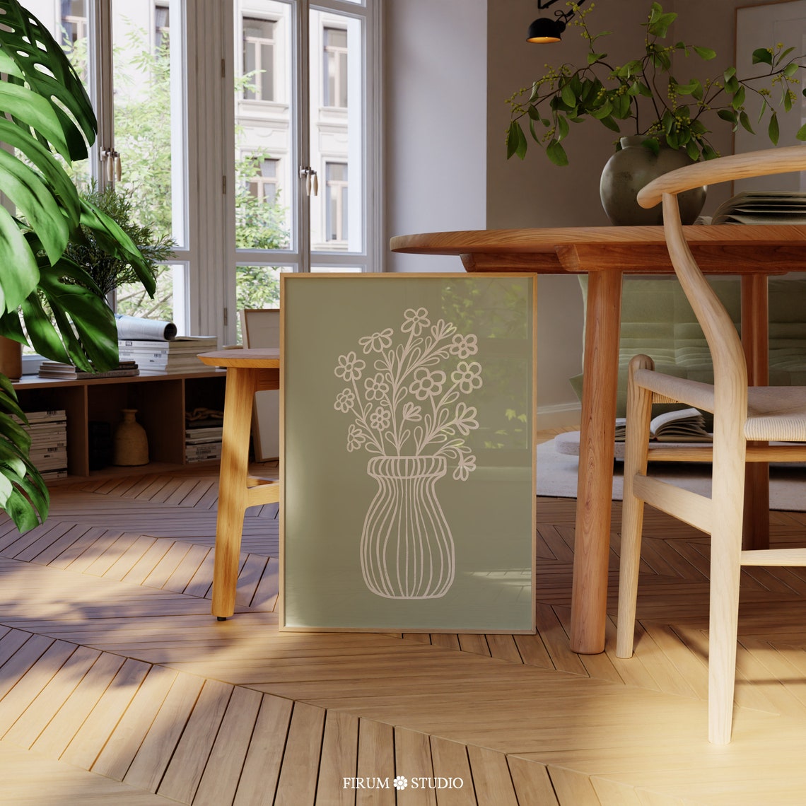 Cream Vase of Wildflowers on Sage Green Neutral Nursery Art Poster - Image 2
