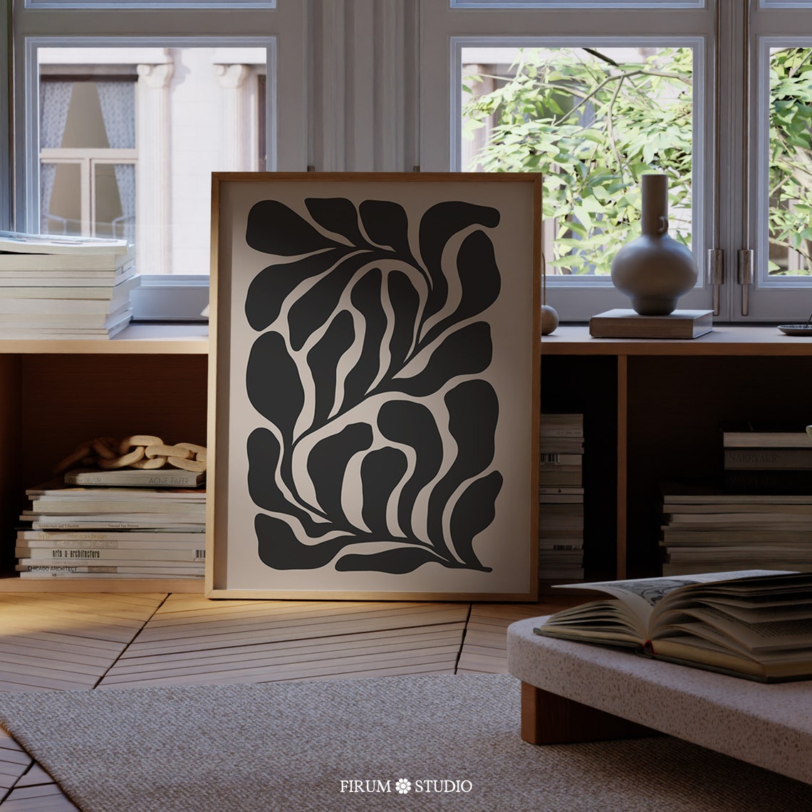 Modern Botanical Poster with Black Leaf Silhouette on Cream Background