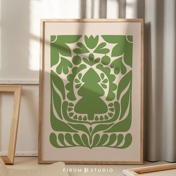 Green Folk Art Christmas Tree Botanical Scandinavian Holiday Wall Poster