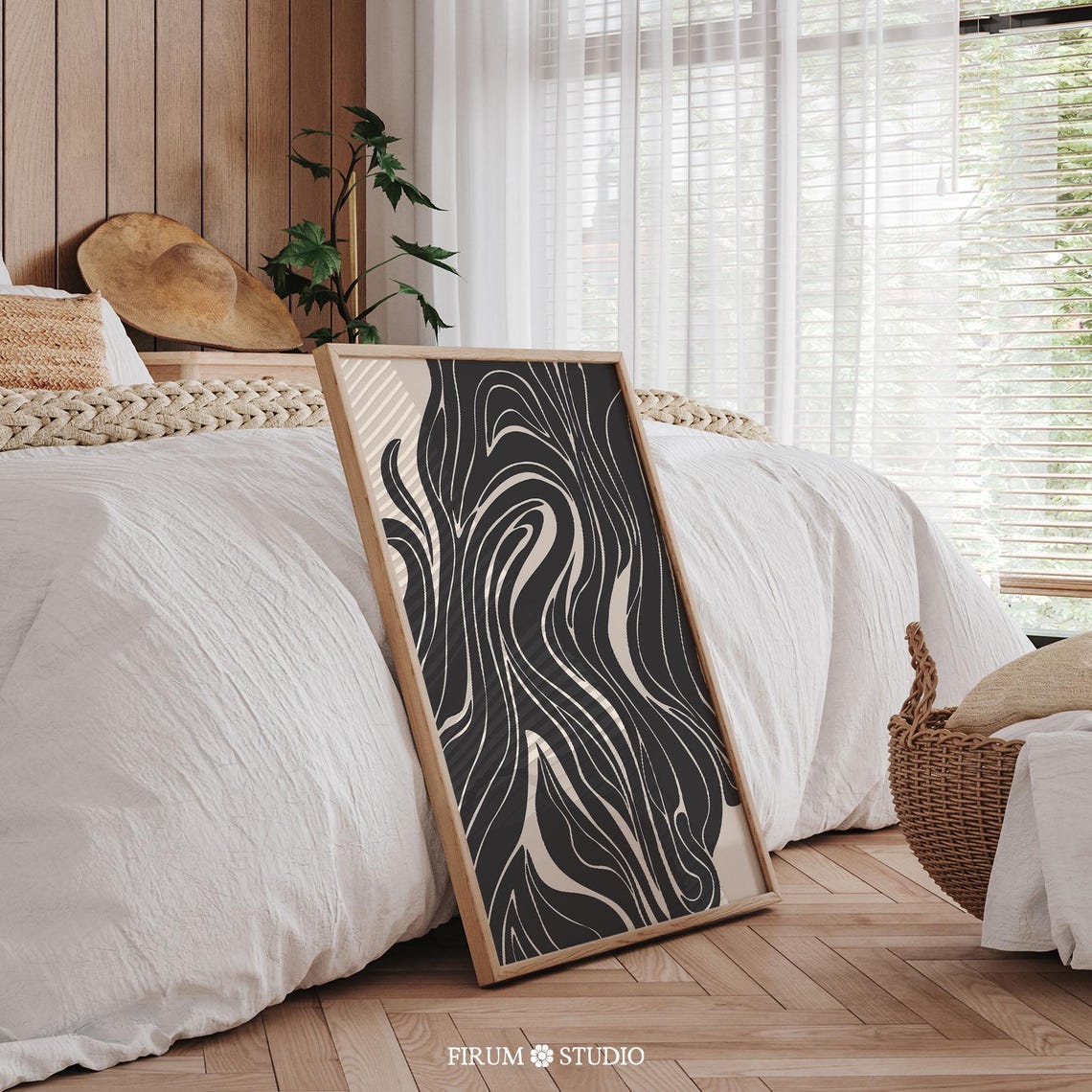 Abstract Black Beige Swirling Curved Lines Wave Modern Art Print - Image 2