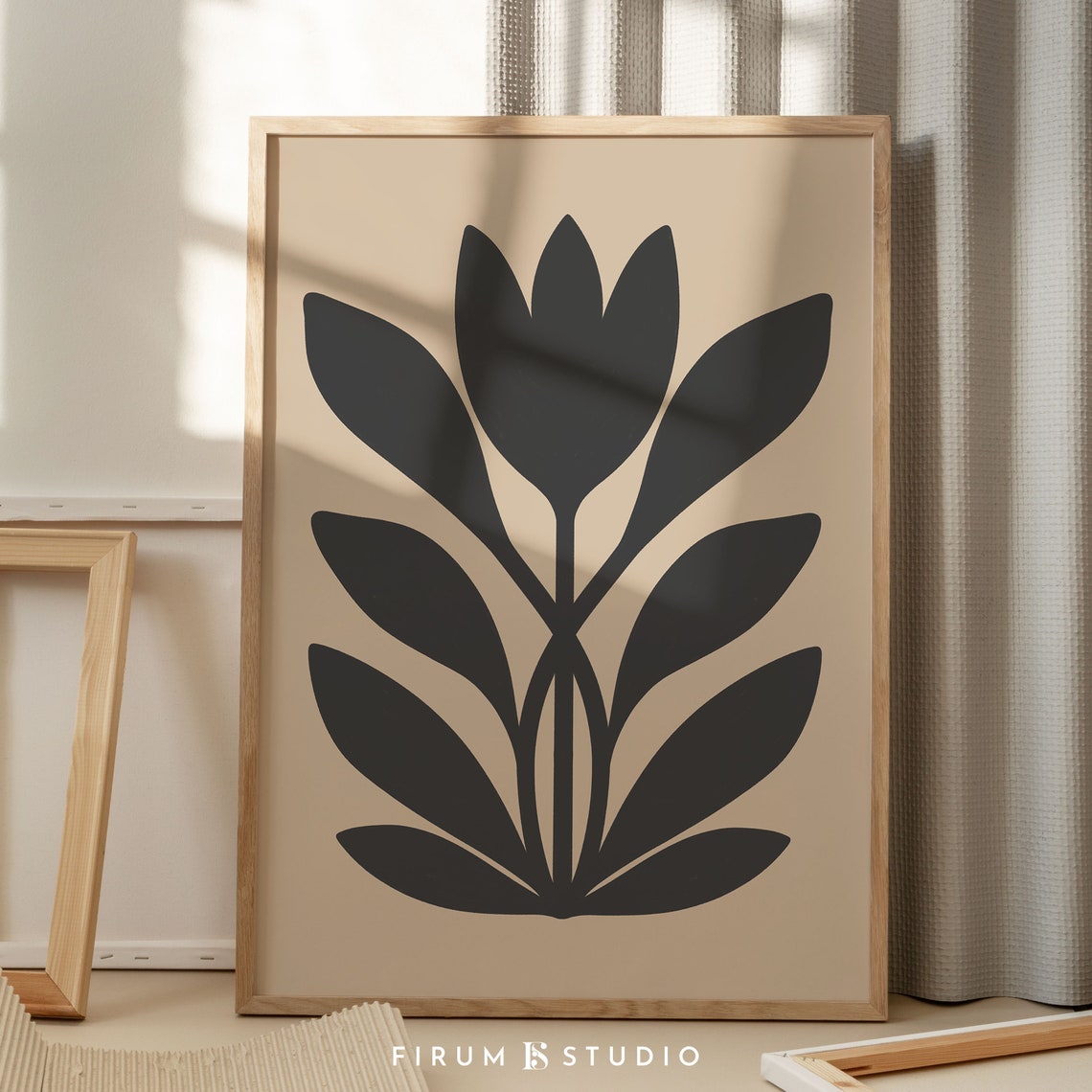 Symmetric Black Leaf Botanical Folk Motif Beige Minimal Wall Art - Image 2