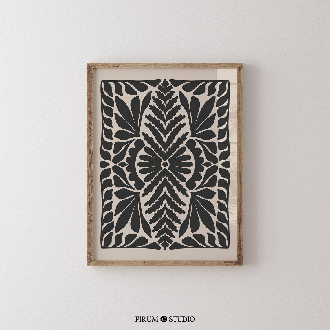 Symmetric Folk Leaf Pattern Black Beige Intricate Botanical Print