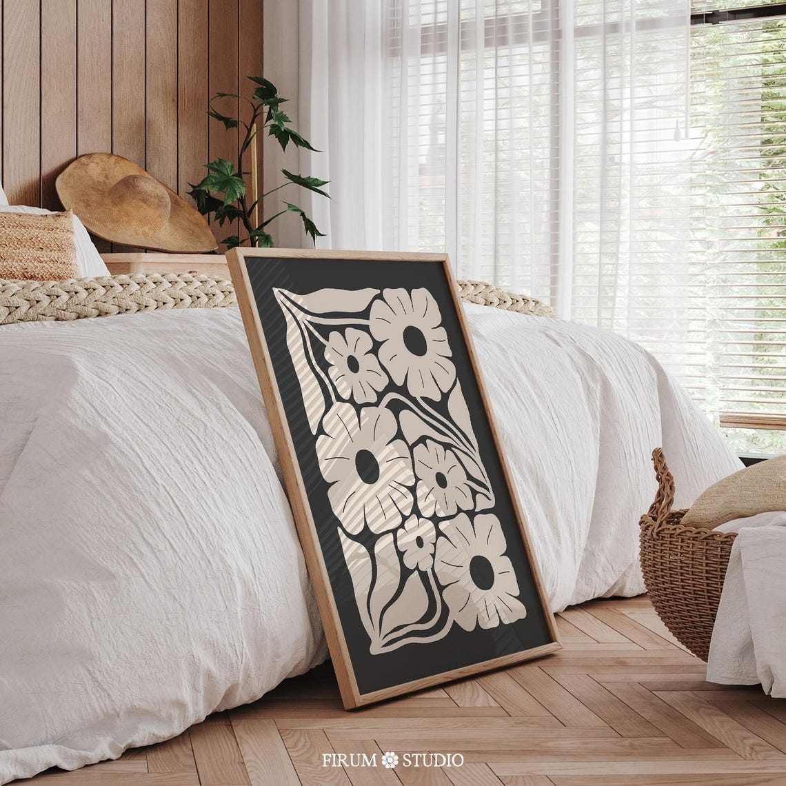 Cream Daisies on Black Bold Floral Graphic Modern Art Poster - Image 2