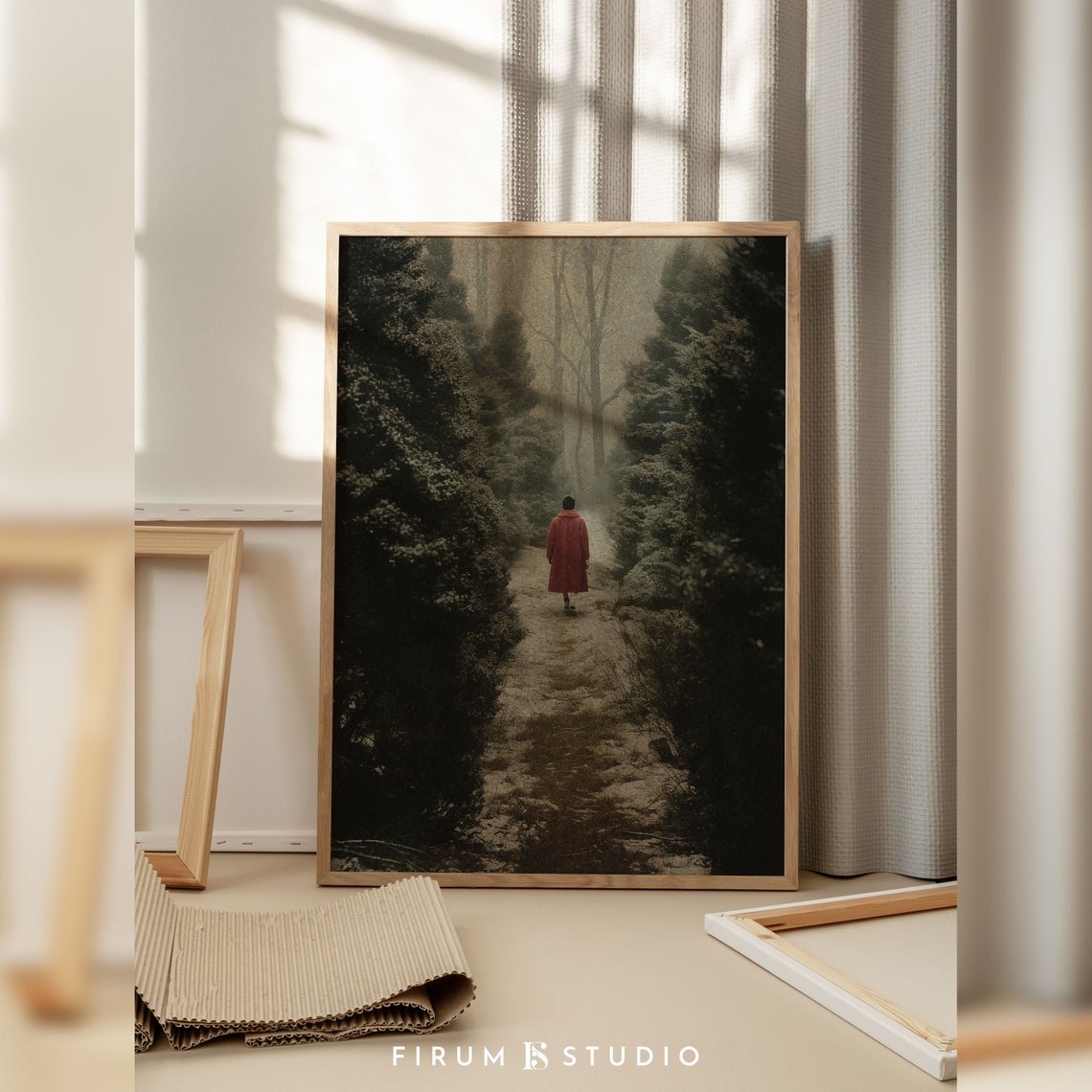 Moody Forest Walker Red Coat Misty Dark Academia Path Art Print - Image 2