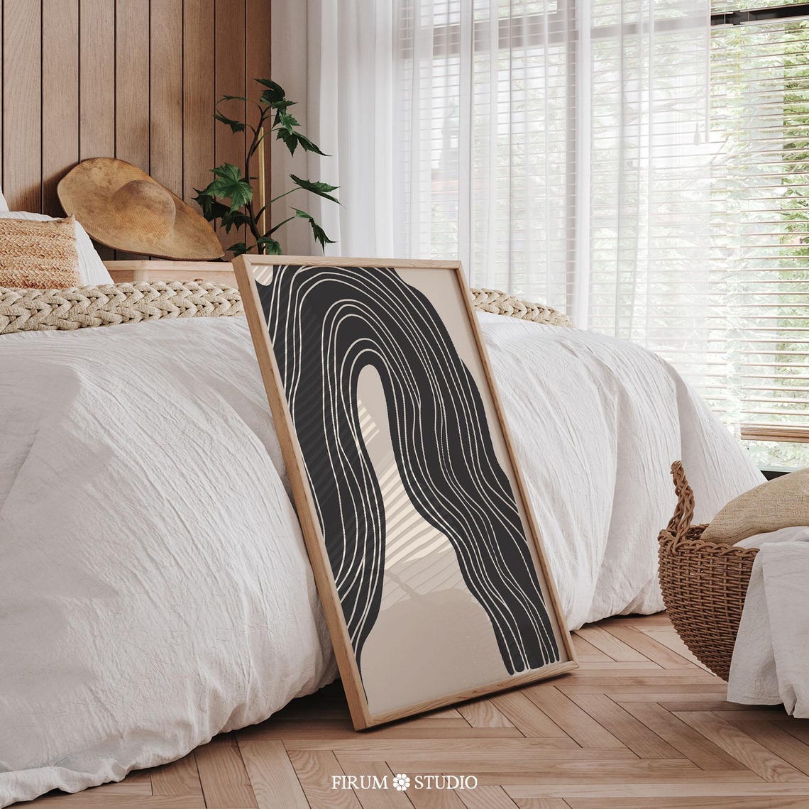Monochrome Wavy Lines Abstract Black and Cream Modern Poster - Image 2