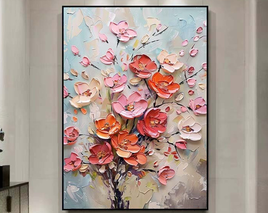 Coral Blossom Branch Pink Flowers Impasto Floral Painting Poster