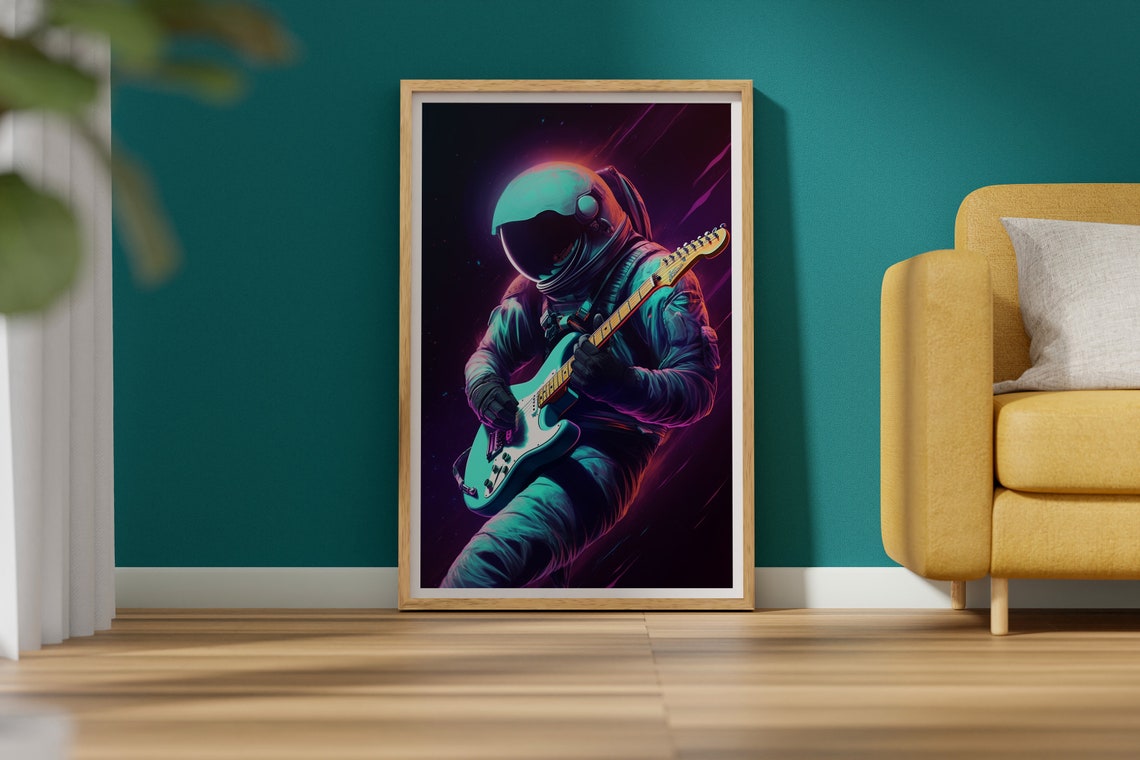 Astronaut Playing Electric Guitar Neon Teal Purple Glow Space Poster - Image 2