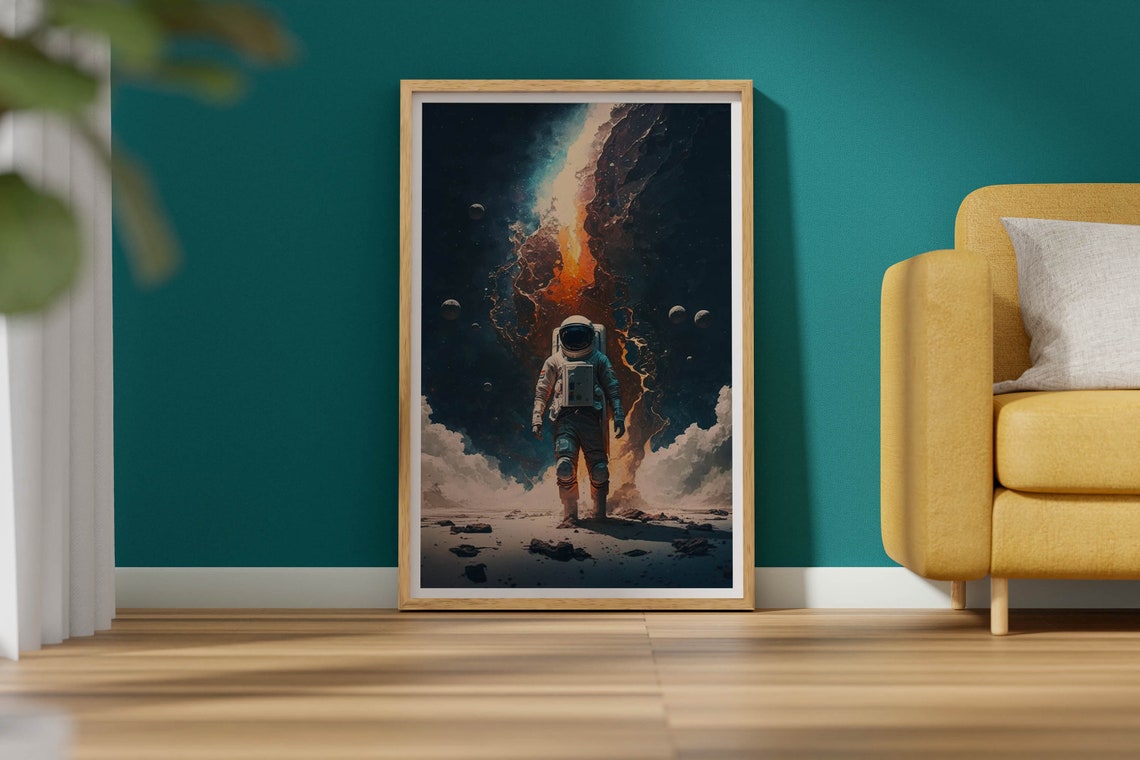 Astronaut On Alien Planet Surface Poster Fiery Nebula Space Landscape - Image 2