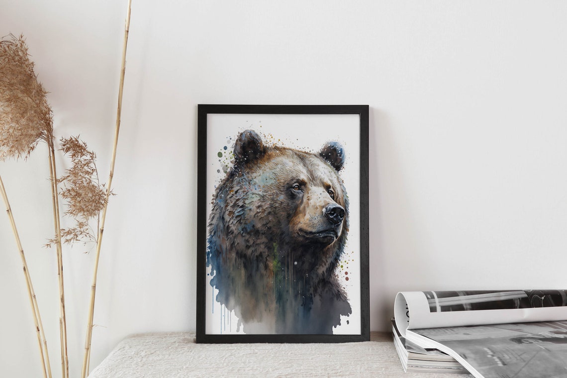 Majestic Brown Bear Head Watercolor Splash Wildlife Portrait Poster - Image 2