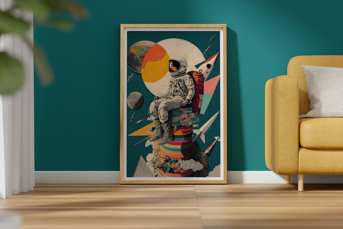 Astronaut Collage Poster With Planets Rockets Retro Outer Space Style - Image 2