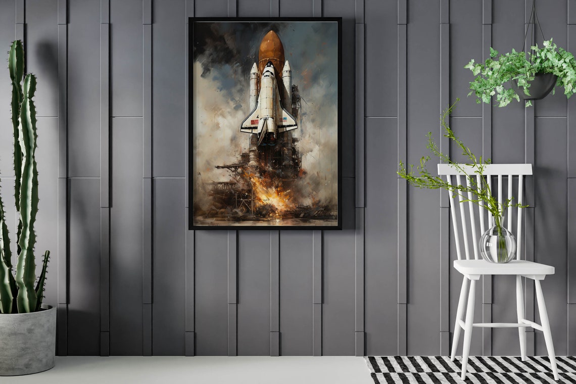 Space Shuttle Liftoff Painting Orange Tank Fiery Rocket Art Poster - Image 2