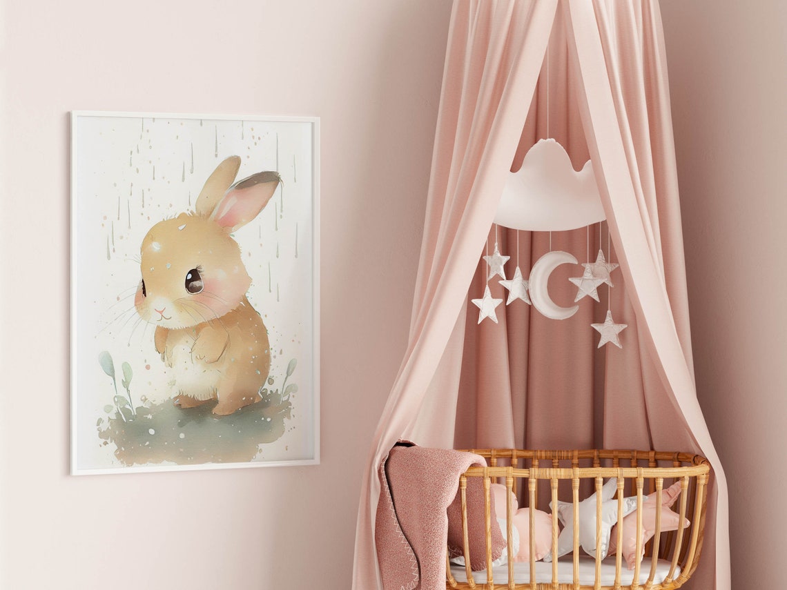 Cute Baby Bunny Watercolor Nursery Print Soft Pastel Kids Room Decor - Image 2