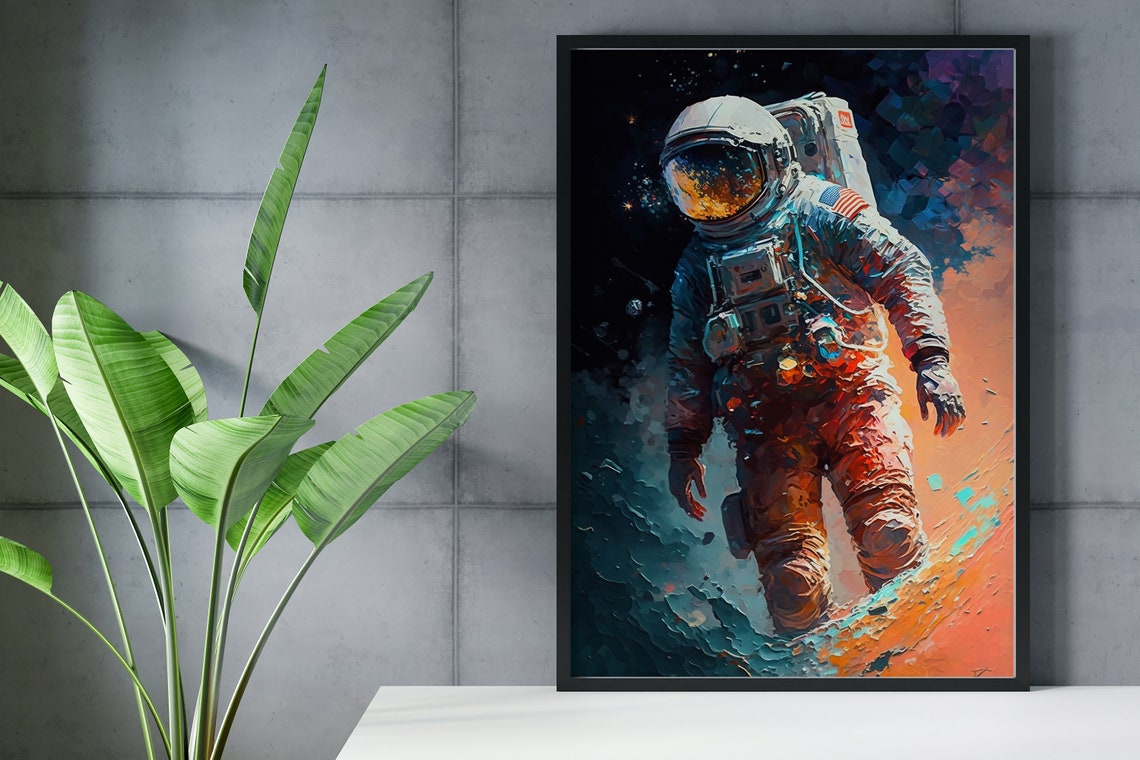 Astronaut Walking Impressionist Painting Poster Orange Teal Space Art - Image 2