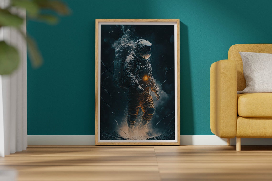 Astronaut Floating in Dark Space Glowing Chest Light Teal Art Poster - Image 2