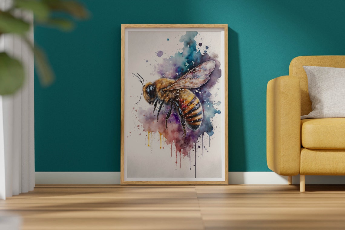 Watercolor Honeybee Poster Buzzing Bee Insect Paint Splash Nature Art - Image 2