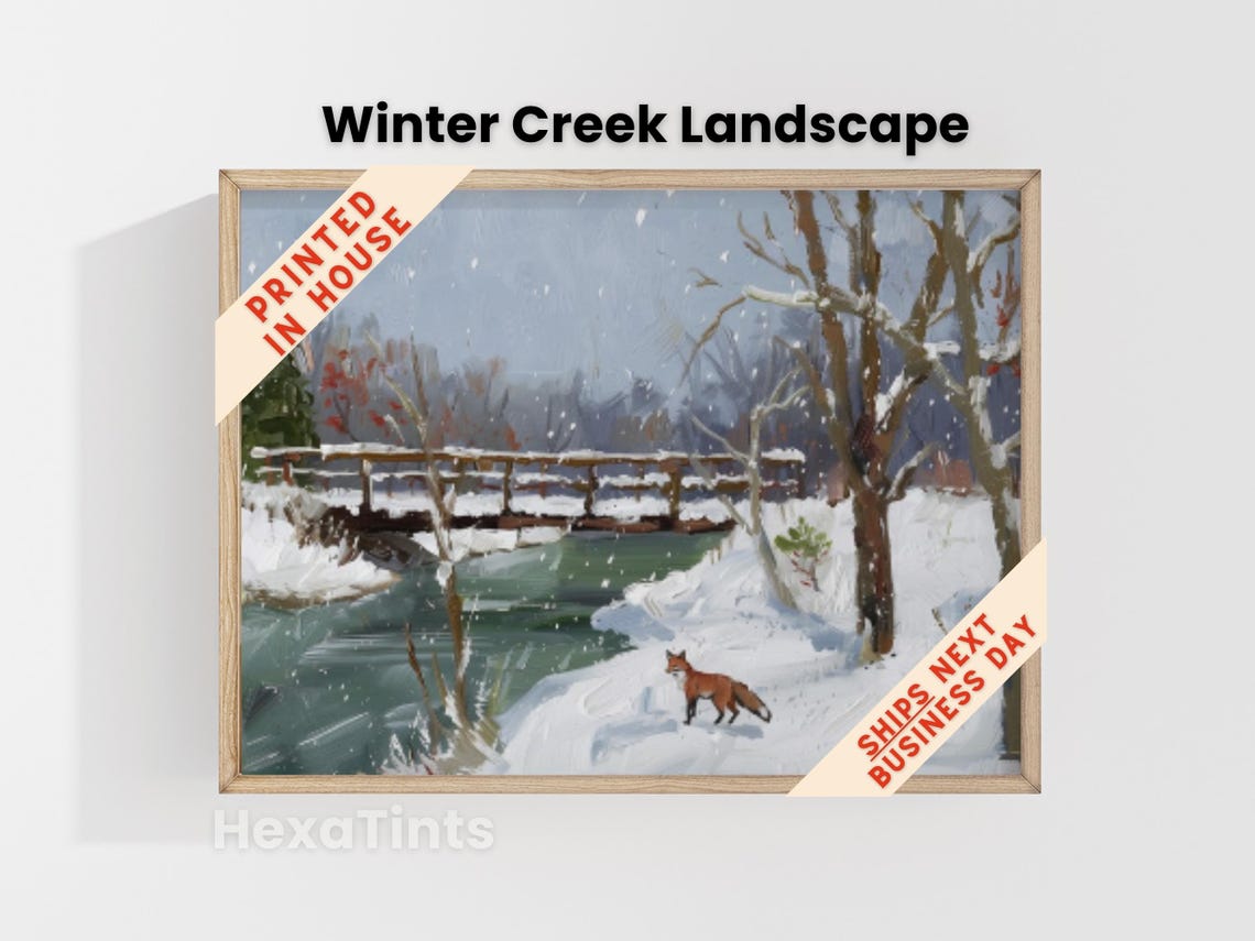 Winter Creek Fox Snowy Bridge Landscape Painting Rustic Art Print - Image 4