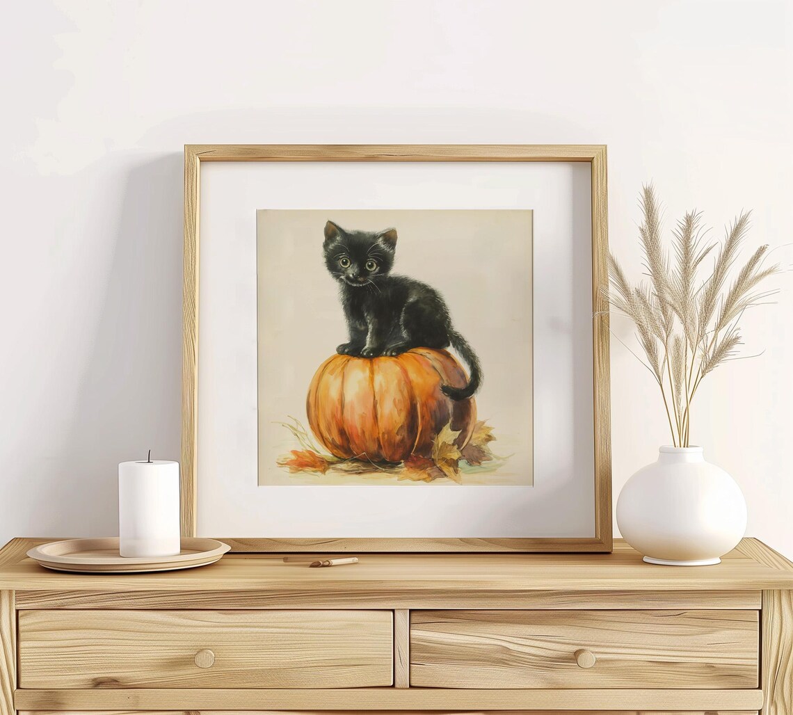 Black Kitten On Pumpkin Watercolor Cute Halloween Fall Cat Illustration Art Print - Image 2