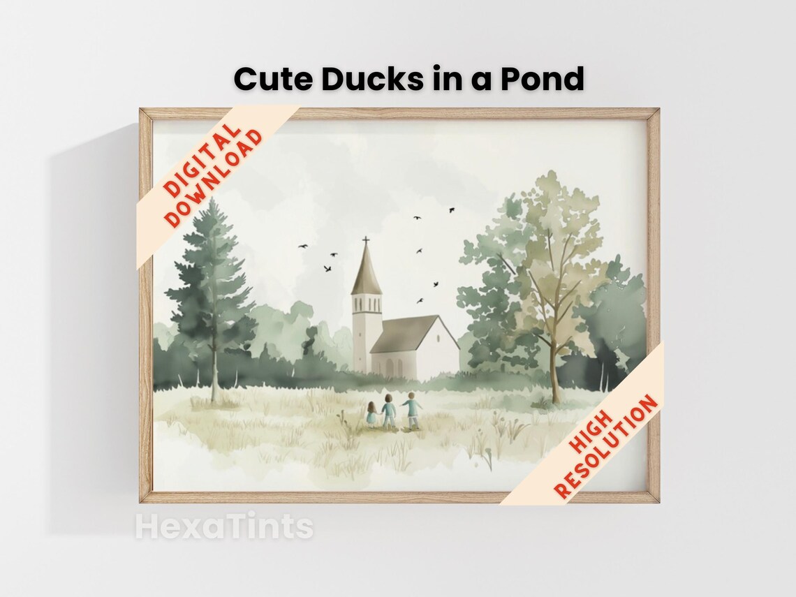 Country Church Meadow Watercolor Spring Landscape Children Art Print - Image 4