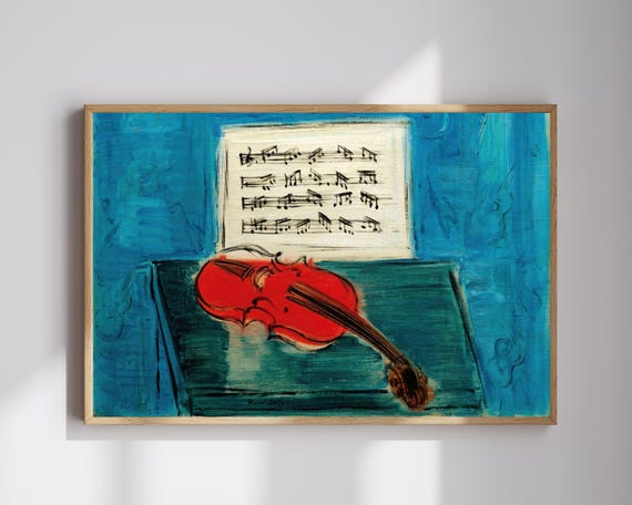 Red Violin On Blue 1946 Vintage French Modernist Music Room Art Wall