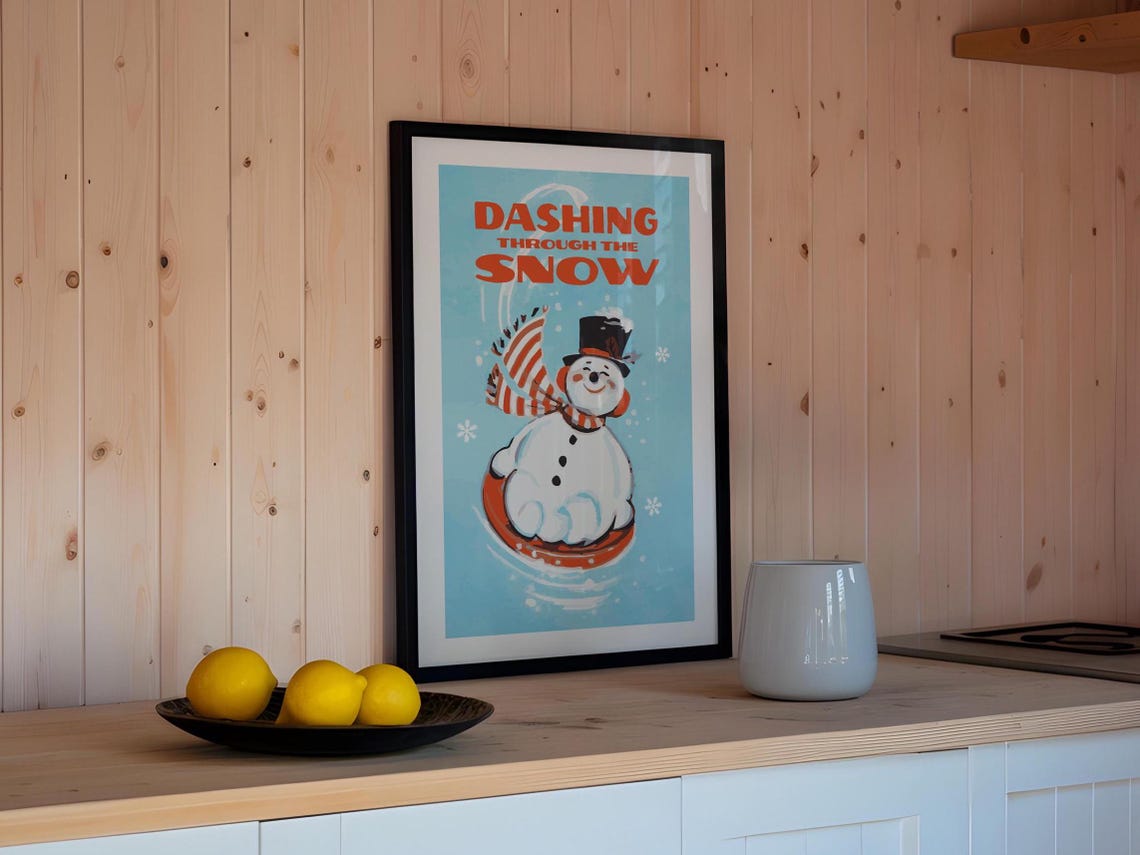 Dashing Through The Snow Cheerful Snowman Sledding Christmas Poster - Image 2