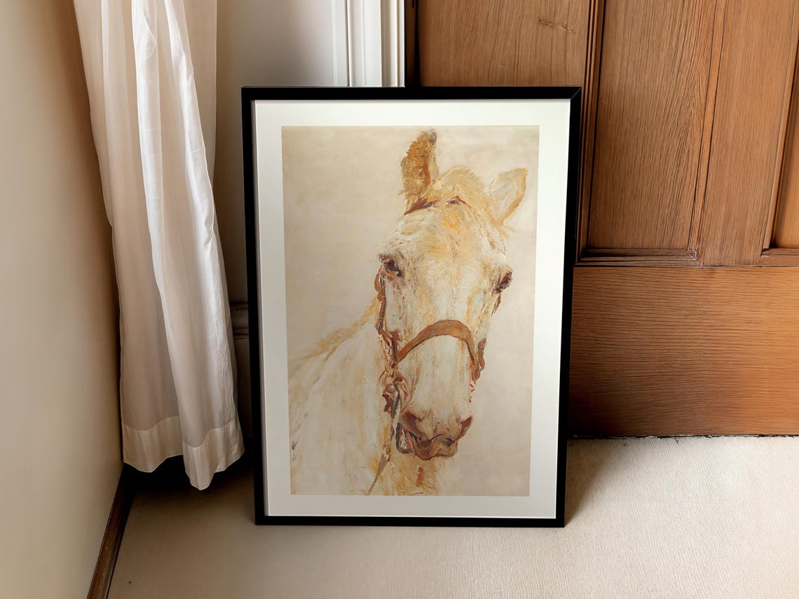 White Horse Head Vintage Equestrian Portrait Neutral Wall Poster - Image 2