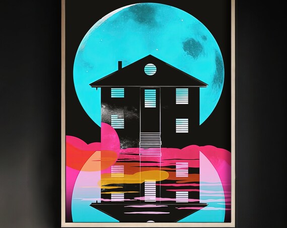 Colorful Abstract House Silhouette Teal Moon Modern Wall Art
