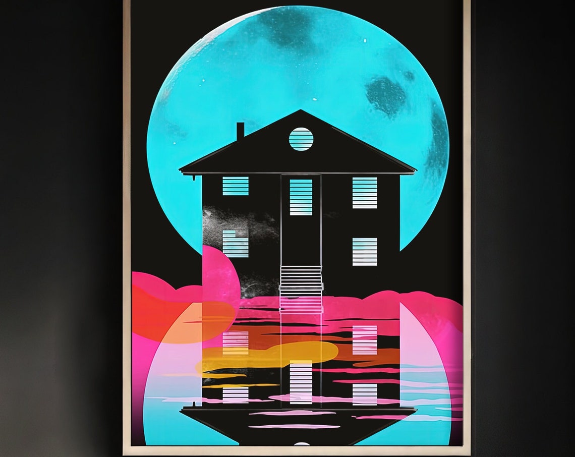 Colorful Abstract House Silhouette Teal Moon Modern Wall Art