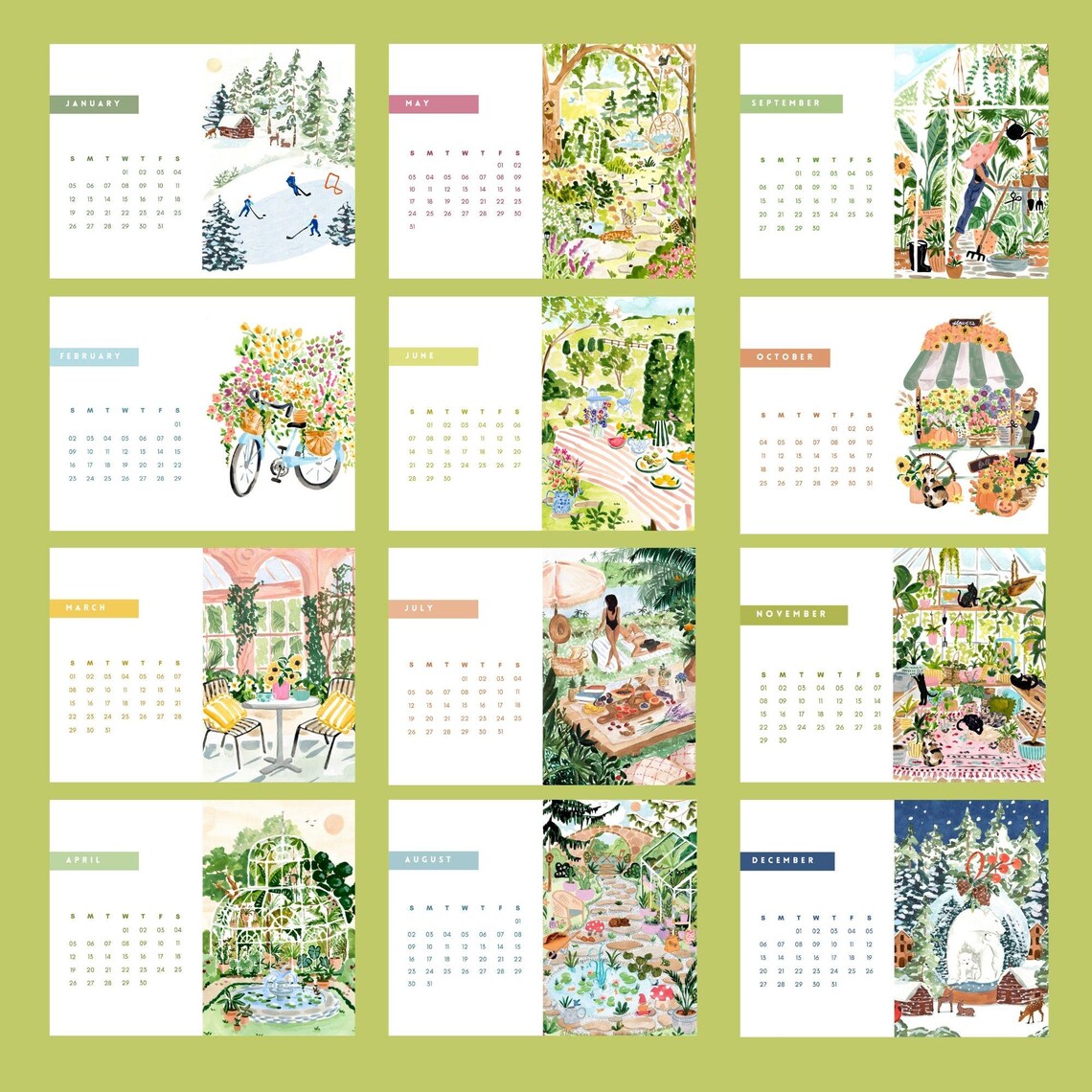 2025 Monthly Calendar Lush Garden Watercolor Art Print Greenhouse Cat - Image 3