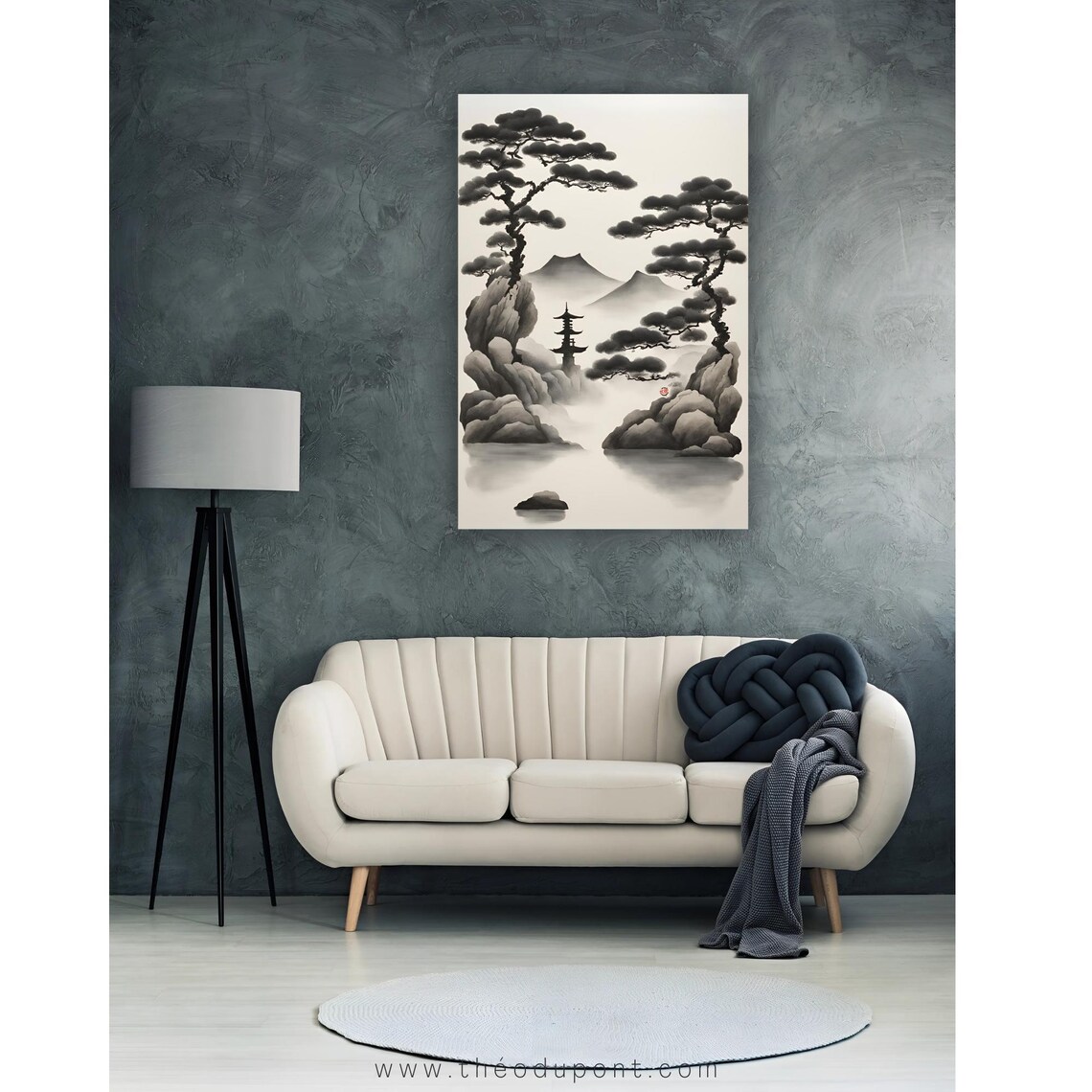 Twin Pine Trees Pagoda Misty Mountain Lake Ink Wash Japanese Art Print - Image 2