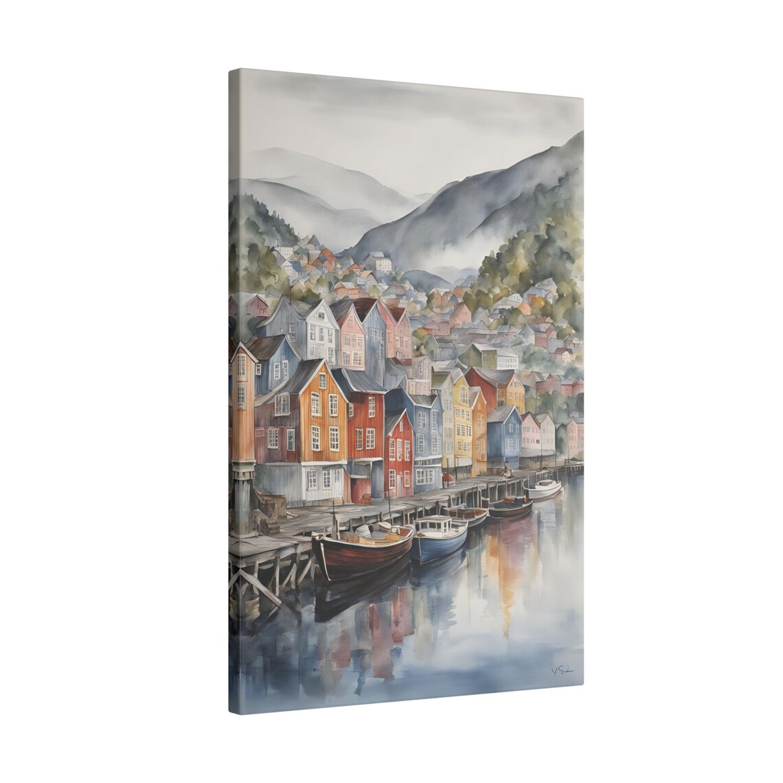 Bergen Norway Bryggen Wharf Watercolor Harbor Waterfront Travel Poster - Image 2
