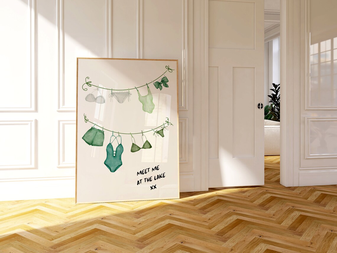 Meet Me at the Lake Green Bikini Clothesline Watercolor Swimsuit Poster - Image 2