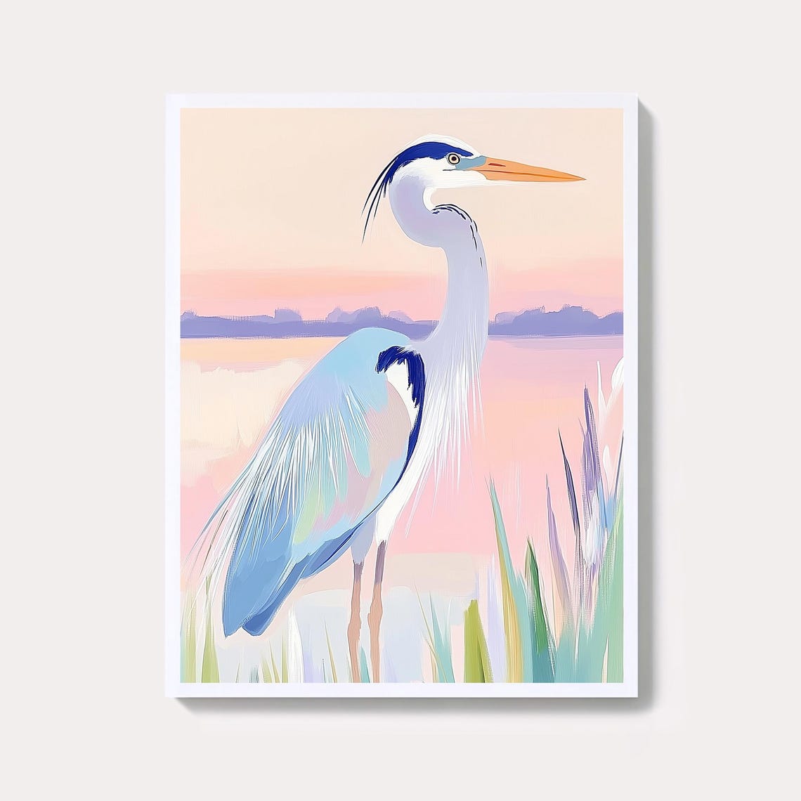 Dreamy Pastel Blue Heron at Sunset Among the Reeds Coastal Poster