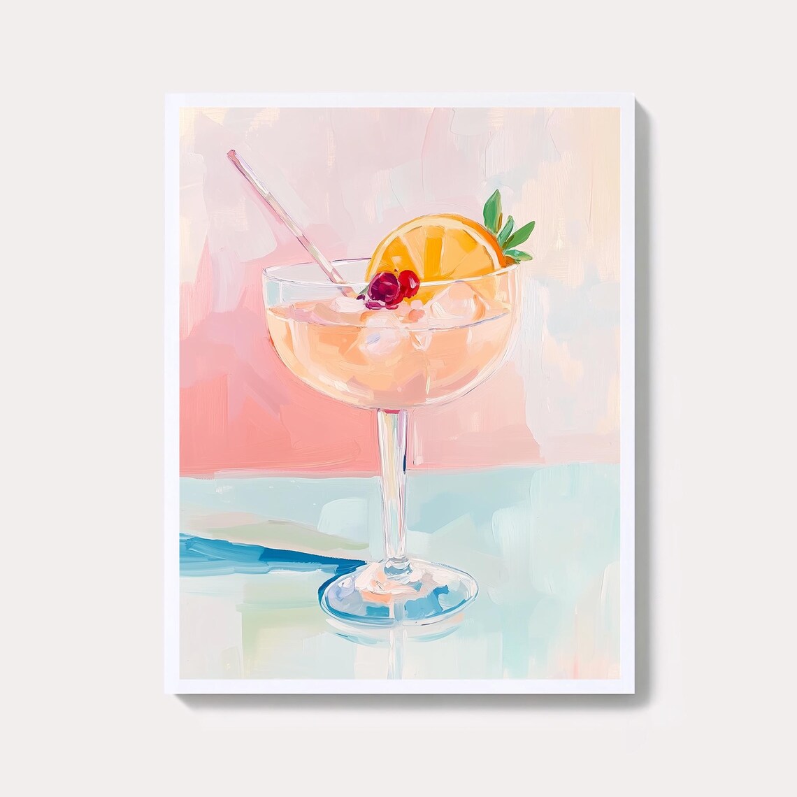 Pink Citrus Cocktail Watercolor Painting Bar Cart Decor Art Poster