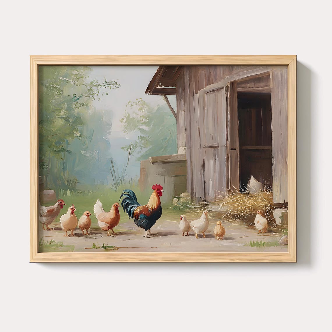 Rooster And Hens Rustic Barnyard Oil Painting Farm Animal Poster