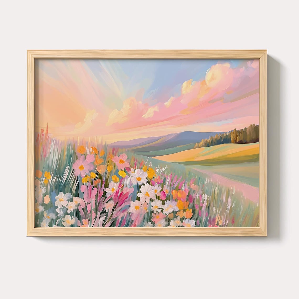 Pink Wildflower Meadow at Sunset Pastel Landscape Painting Poster