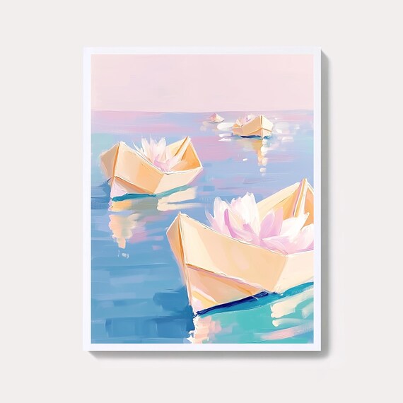 Pastel Paper Boat Floating On Calm Minimalist Coastal Ocean Art Poster