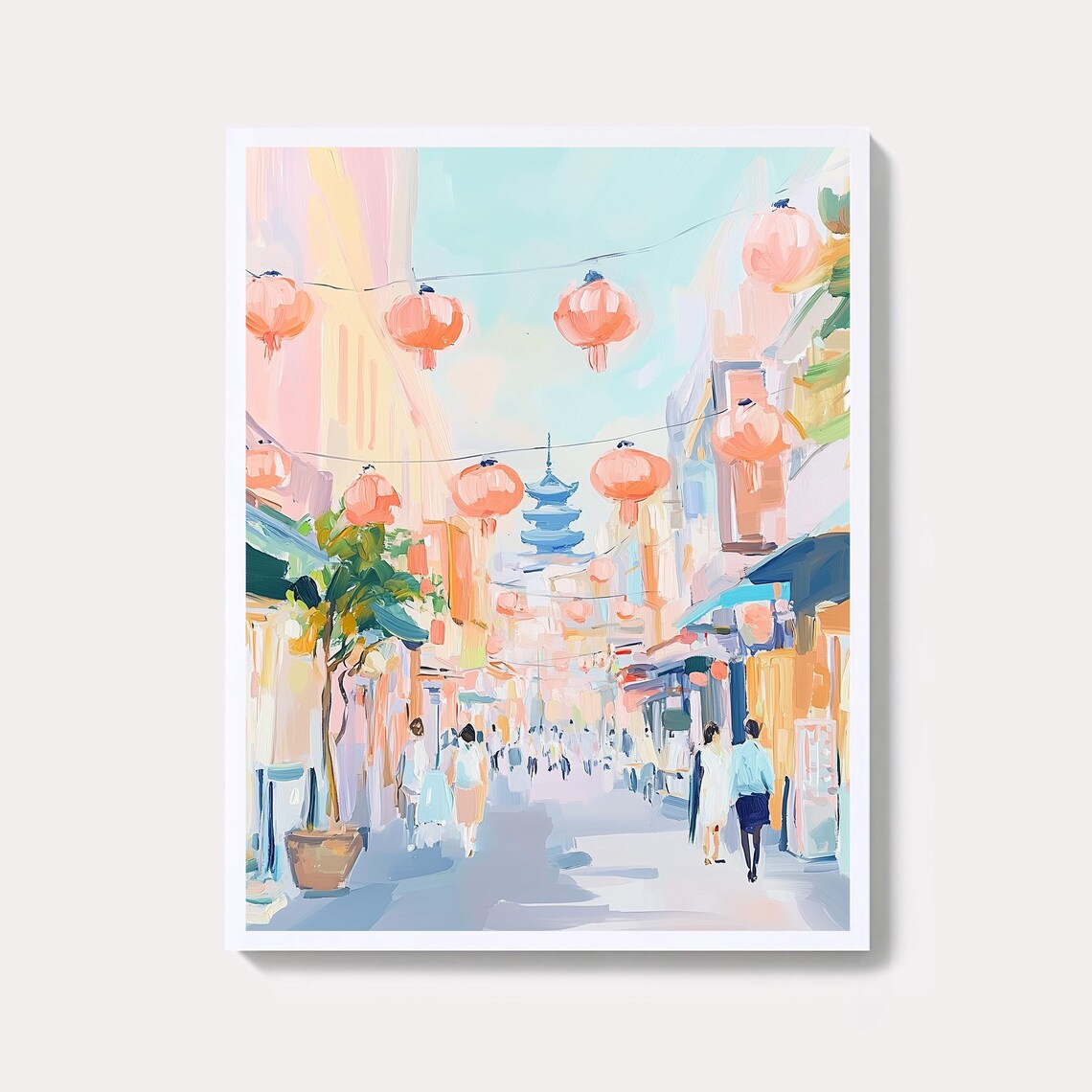 Pastel Tokyo Lantern Street Pagoda Japan Watercolor Painting Poster