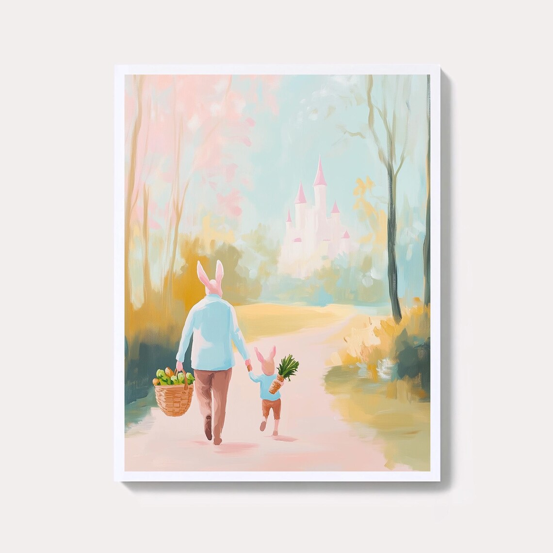 Bunny Parent And Child Walking To Pink Castle Pastel Nursery Wall Art