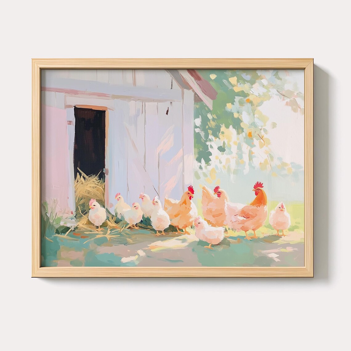 Chickens And Rooster Outside Pink Barn Farmhouse Country Poster