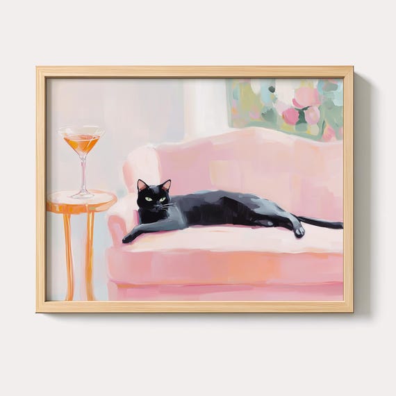 Black Cat With Painting Quirky Whimsical Wall Art Print Cocktail Bar Cart Decor Cute Fine