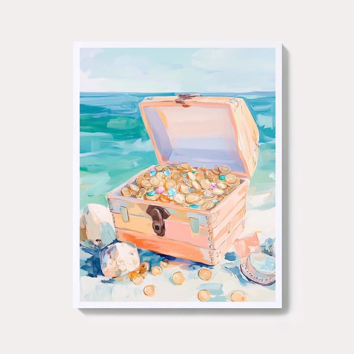 Pirate Treasure Chest Coins Watercolor Beach Nautical Art Poster