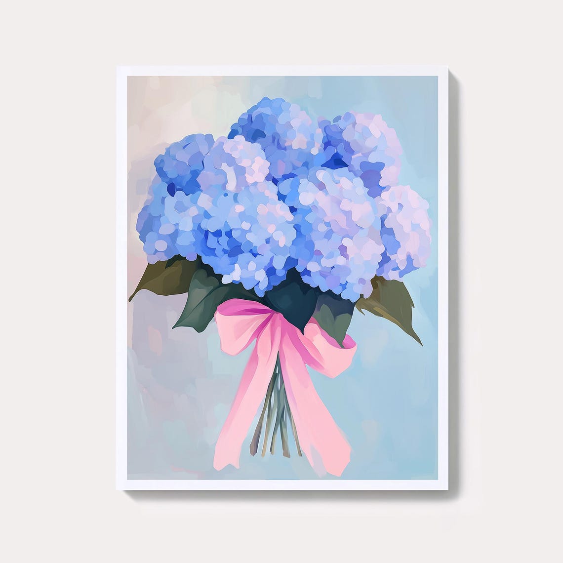 Sweet Blue Hydrangea Bouquet With Pink Bow Pastel Floral Wall Art
