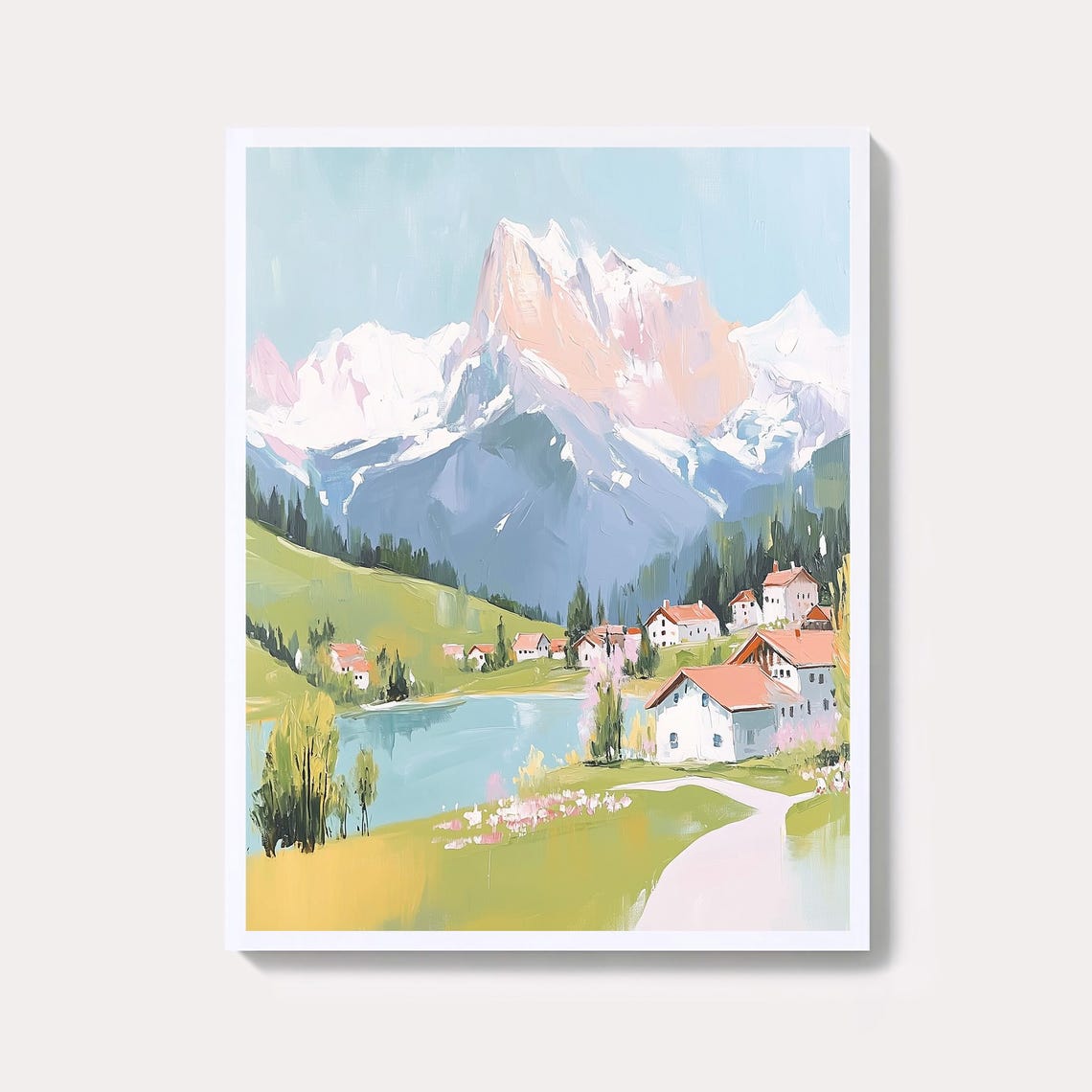 Grindelwald Switzerland Alpine Village Lake Pastel Watercolor Poster