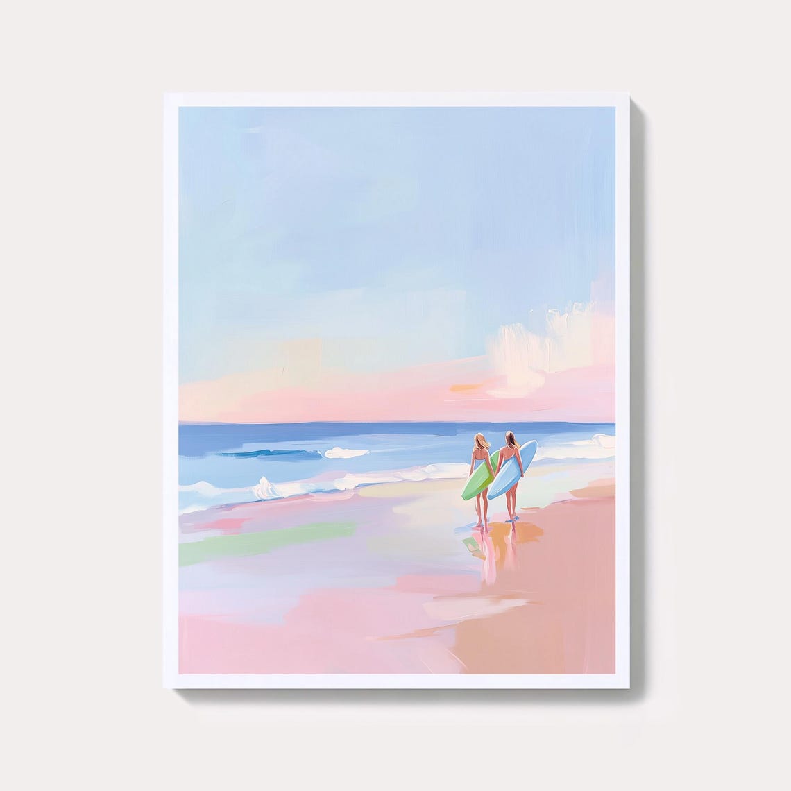 Two Surfers Strolling Toward Pastel Sunset Ocean Waves Poster