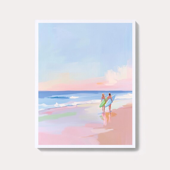 Two Surfers Strolling Toward Pastel Sunset Ocean Waves Poster