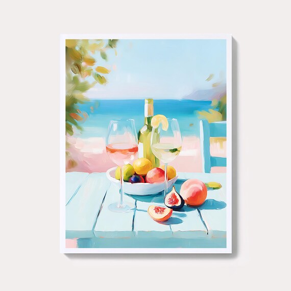 Seaside Wine Glasses Still Life Pastel Mediterranean Summer Poster
