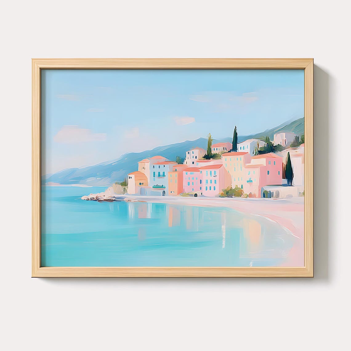 Pastel Mediterranean Coastal Village Turquoise Bay Town Art Poster