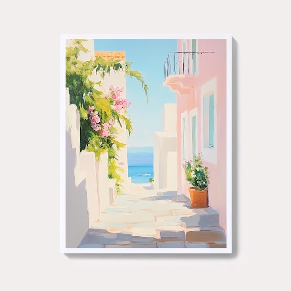 Greek Island Coastal Alley Pastel Houses Bougainvillea Art Poster