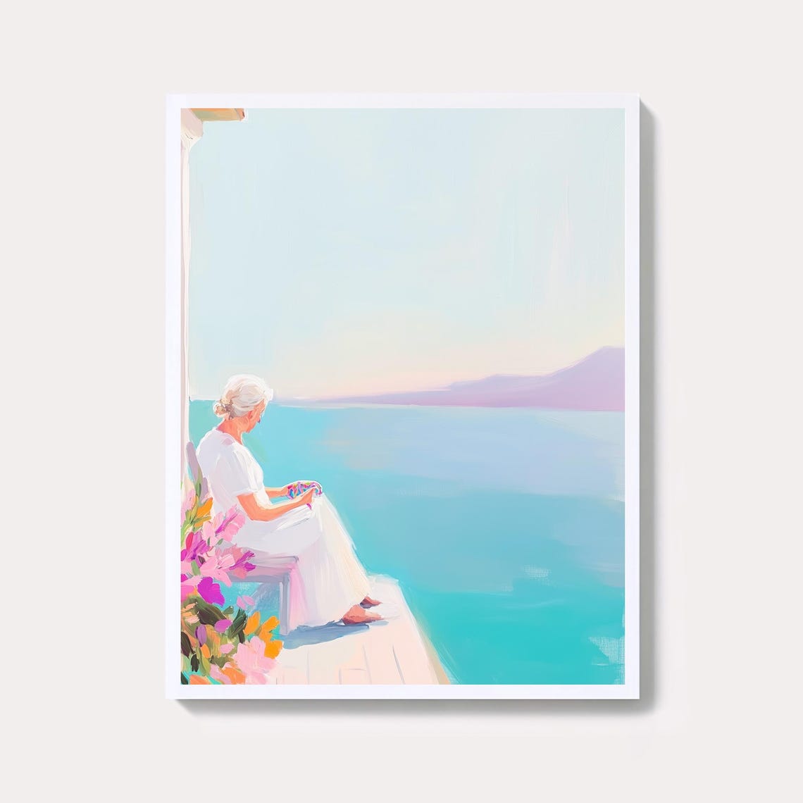 Grandmother Knitting On Seaside Veranda Turquoise Ocean View Poster